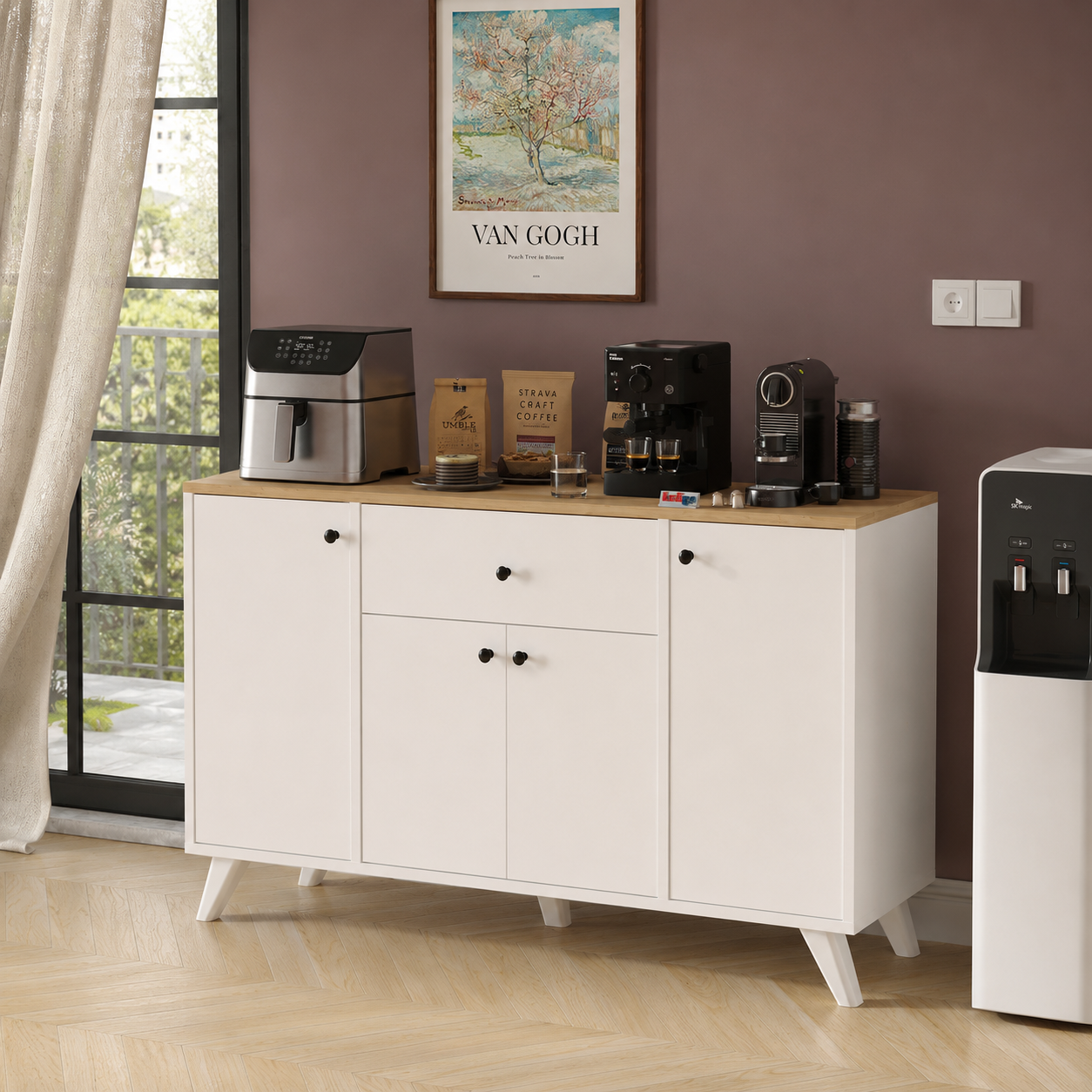 RESIGILAT - Dulap multifunctional 120x43,4x89 cm, cu 4 usi si sertare, pentru bucatarie, camara sau colt de cafea, alb