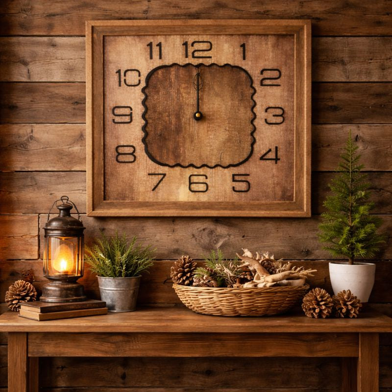 Ceas de perete rustic din lemn, cu design patrat, cifre vizibile si mecanism silentios, 33 cm