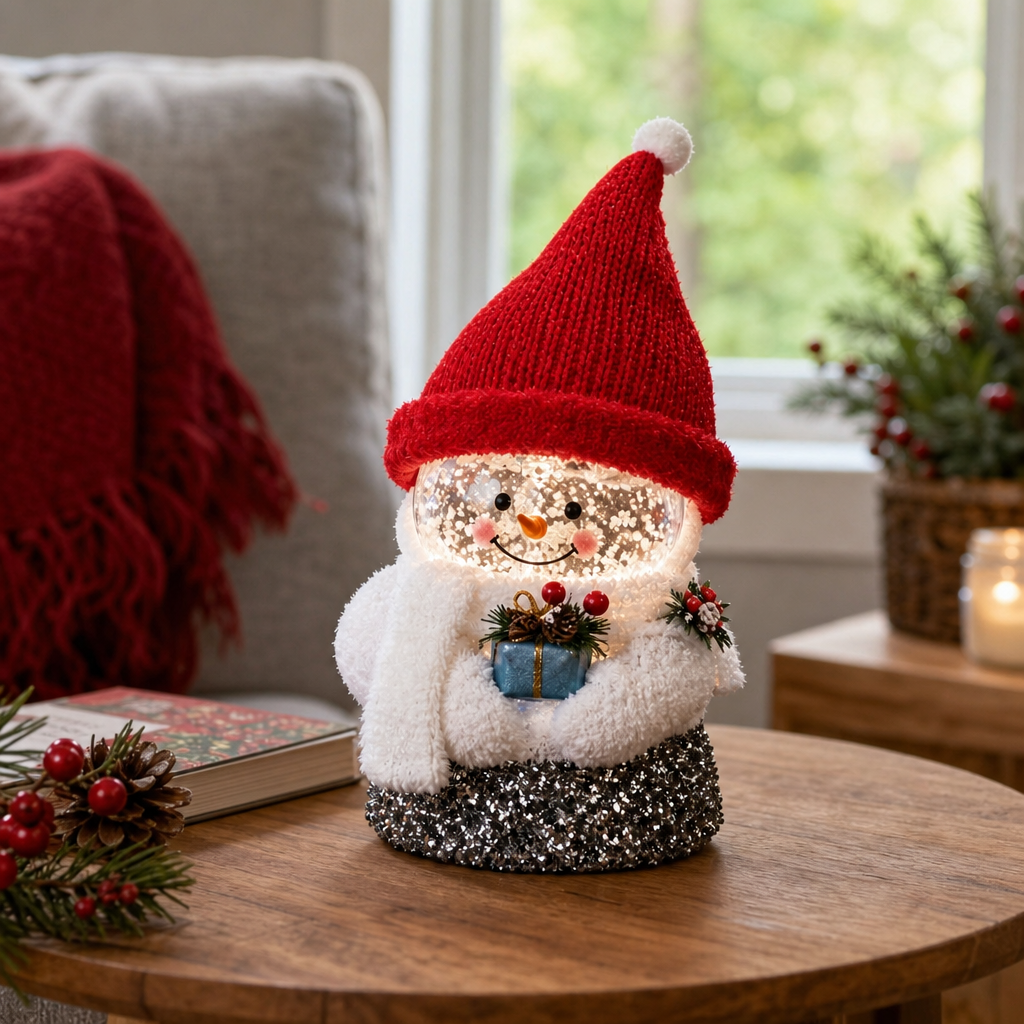 Decorațiune de Crăciun Premium Om de Zăpadă cu Iluminare, Căciulă Tricotată și Cadou – 14 × 18 × 28 cm - detaliu produs