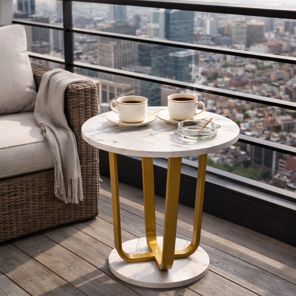 RESIGILAT - Masuta rotunda, blat efect marmura, cadru metalic auriu, design modern, 40x55 cm