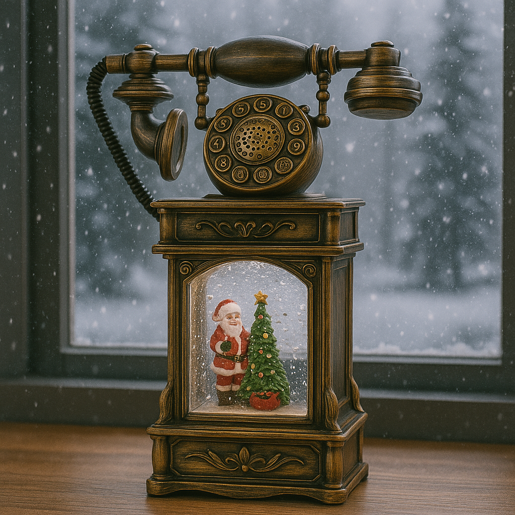 Decoratiune premium Nostalgic Phone, cu functii muzicale, lumina LED si zapada in miscare, Taina sosirii lui Mos Craciun, Maro bronz 32X17X8 cm,