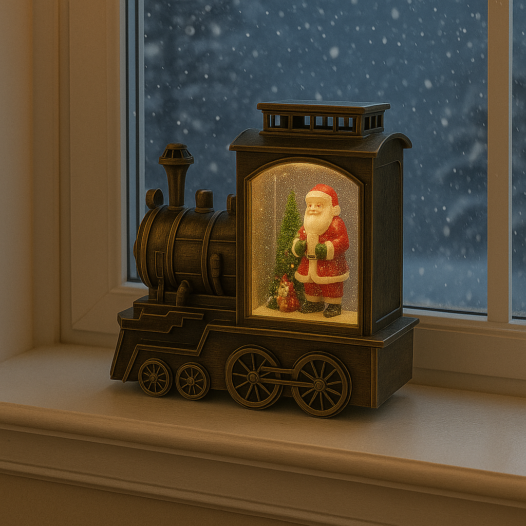 Tren Locomotiva Decorativa, Glob Craciun cu Mos Craciun, Bradut si Ninsoare, Functie Muzicala, Iluminare LED, Unibox