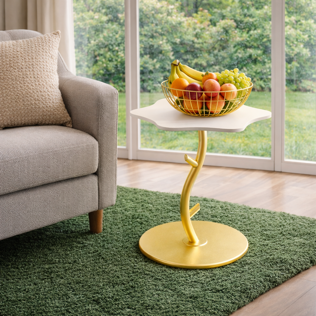 Masuta decorativa moderna, design petala, blat curbat, suport metalic auriu 45 x 50 CM