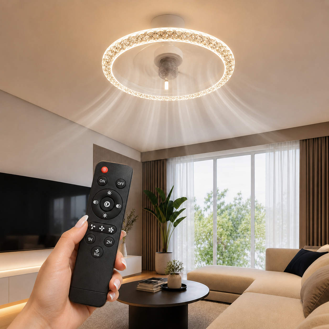Lustra LED cu Ventilator Alba Rotunda Minimalist Design Modern - detaliu produs