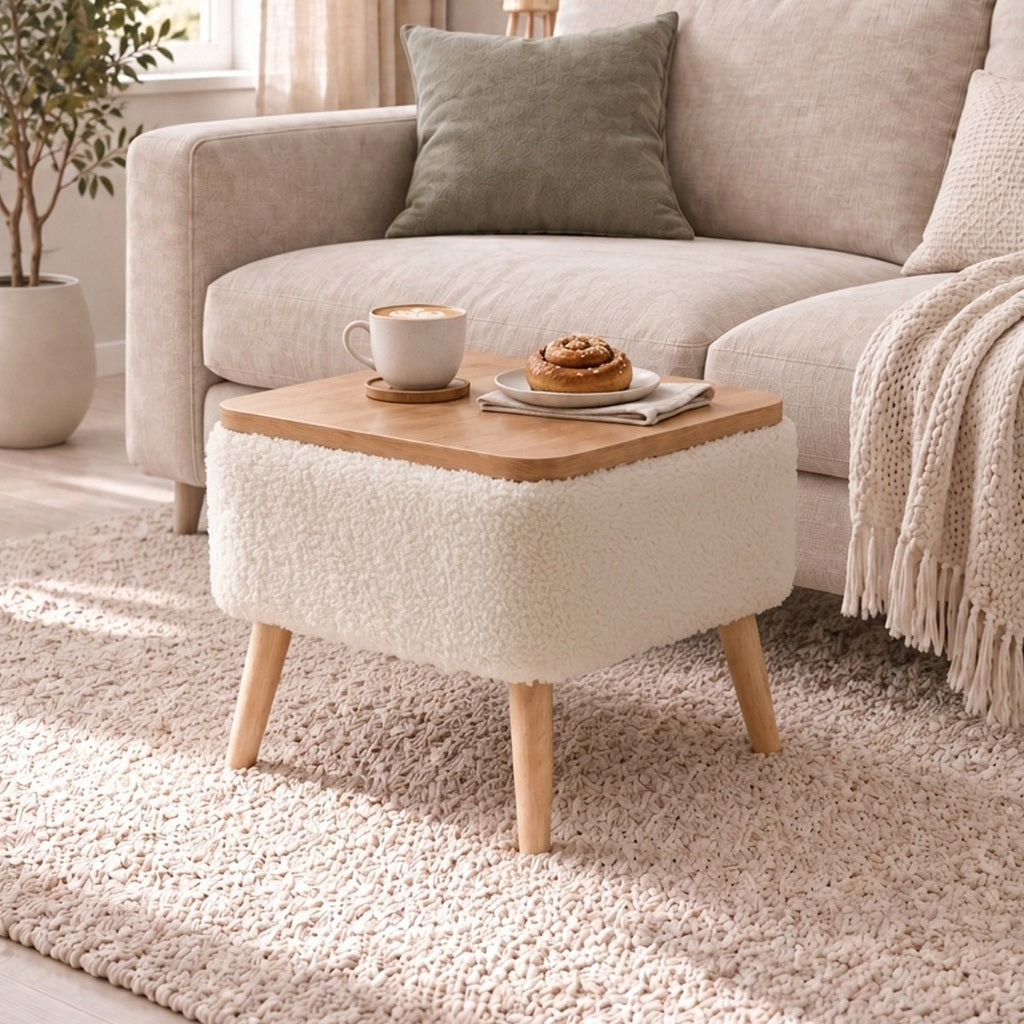 Masuta Auxiliara cu Depozitare Tapitata Boucle Alb-Crem 60x30x45 cm Design Scandinav - detaliu produs