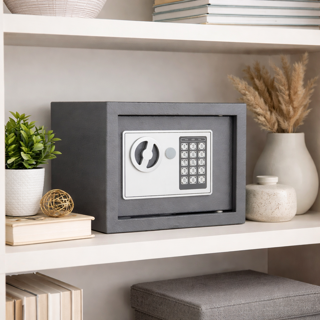 Seif metalic din otel cu inchidere electronica si cheie, 23 x 17 x 17 cm