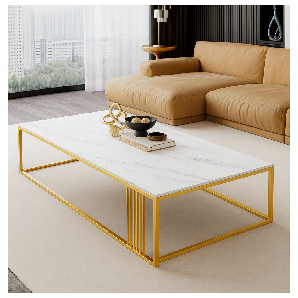 Masuta de cafea dreptunghiulara, minimalista, design nordic, aspect marmura alba, 120x60x43cm