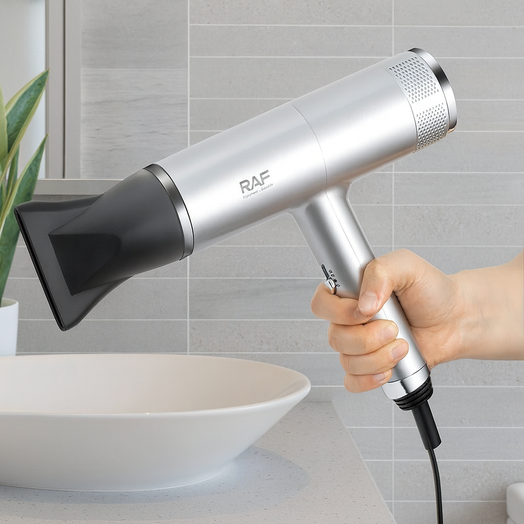 Uscator de par cu ioni negativi, RAF R474, 1600W, 2 viteze, buton de aer rece, 1 cap magnetic inclus, argintiu