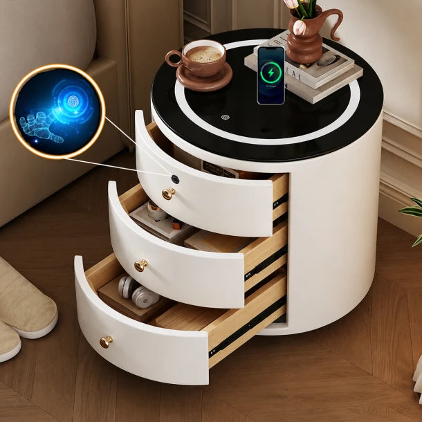 Noptiera Inteligenta Amprentă Wireless Charging LED 3 Culori USB Type-C Sticla Securizata 3 Sertare - detaliu produs
