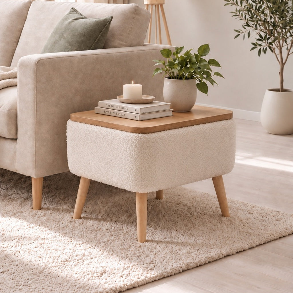 Masuta Auxiliara cu Depozitare Tapitata Boucle Alb-Crem 60x30x45 cm Design Scandinav - imagine principala