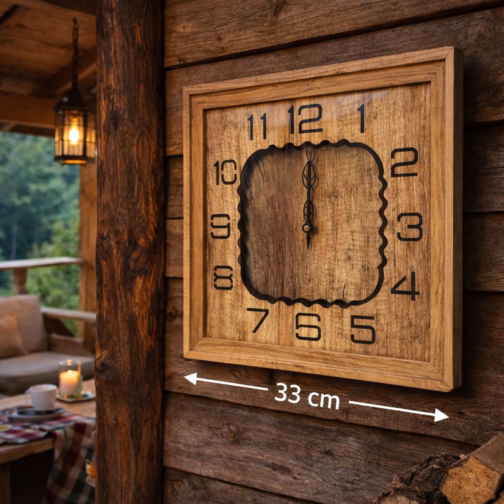 Ceas de perete rustic din lemn, cu design patrat, cifre vizibile si mecanism silentios, 33 cm