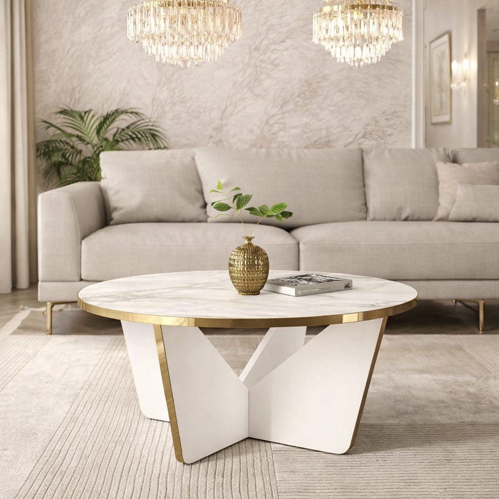 Masuta de cafea rotunda, blat tip marmura, cadru metalic auriu, design modern premium – 75x75x35 cm