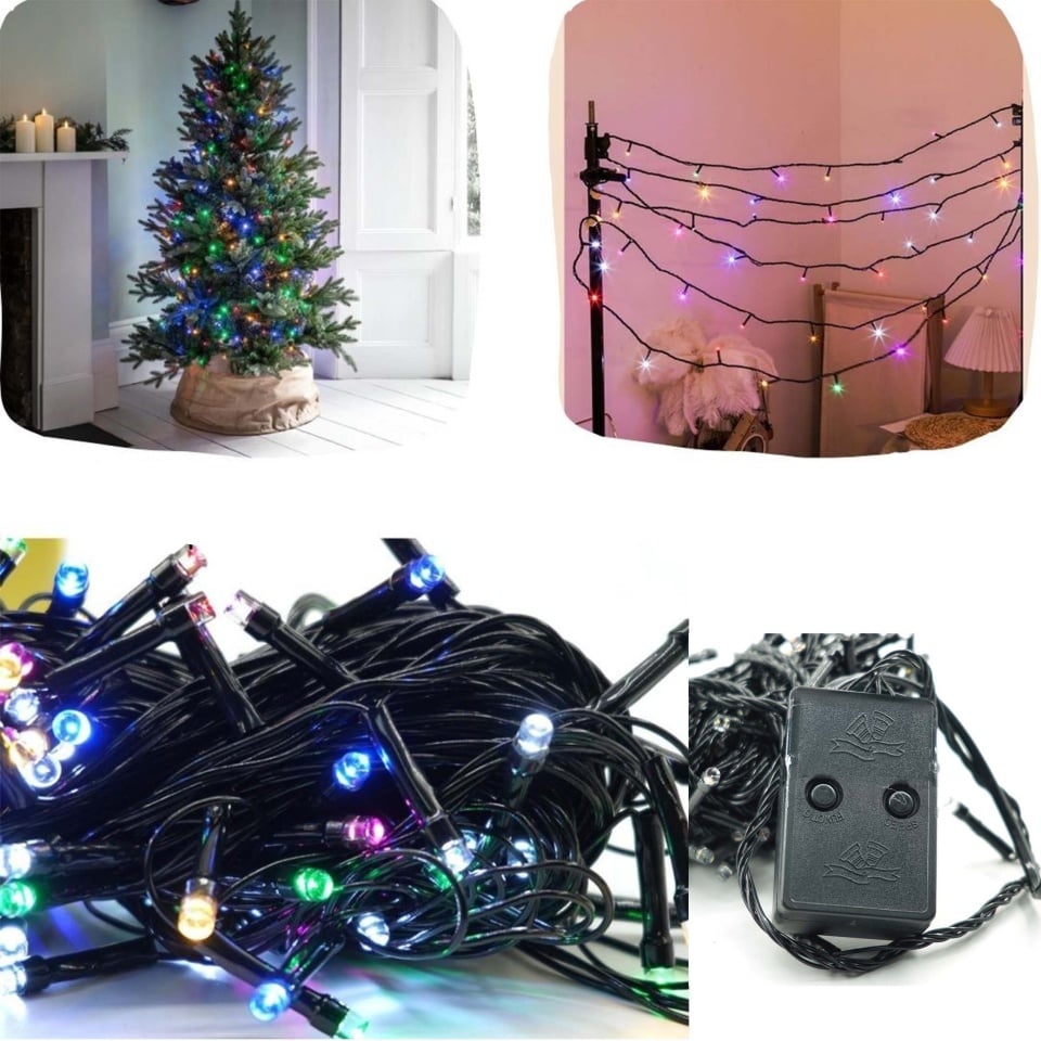 Instalatie de craciun muzicala, fir verde, tip sir, 100 led, lungime 10m, interior/exterior, interconectabila, alimentare la priza, multicolor