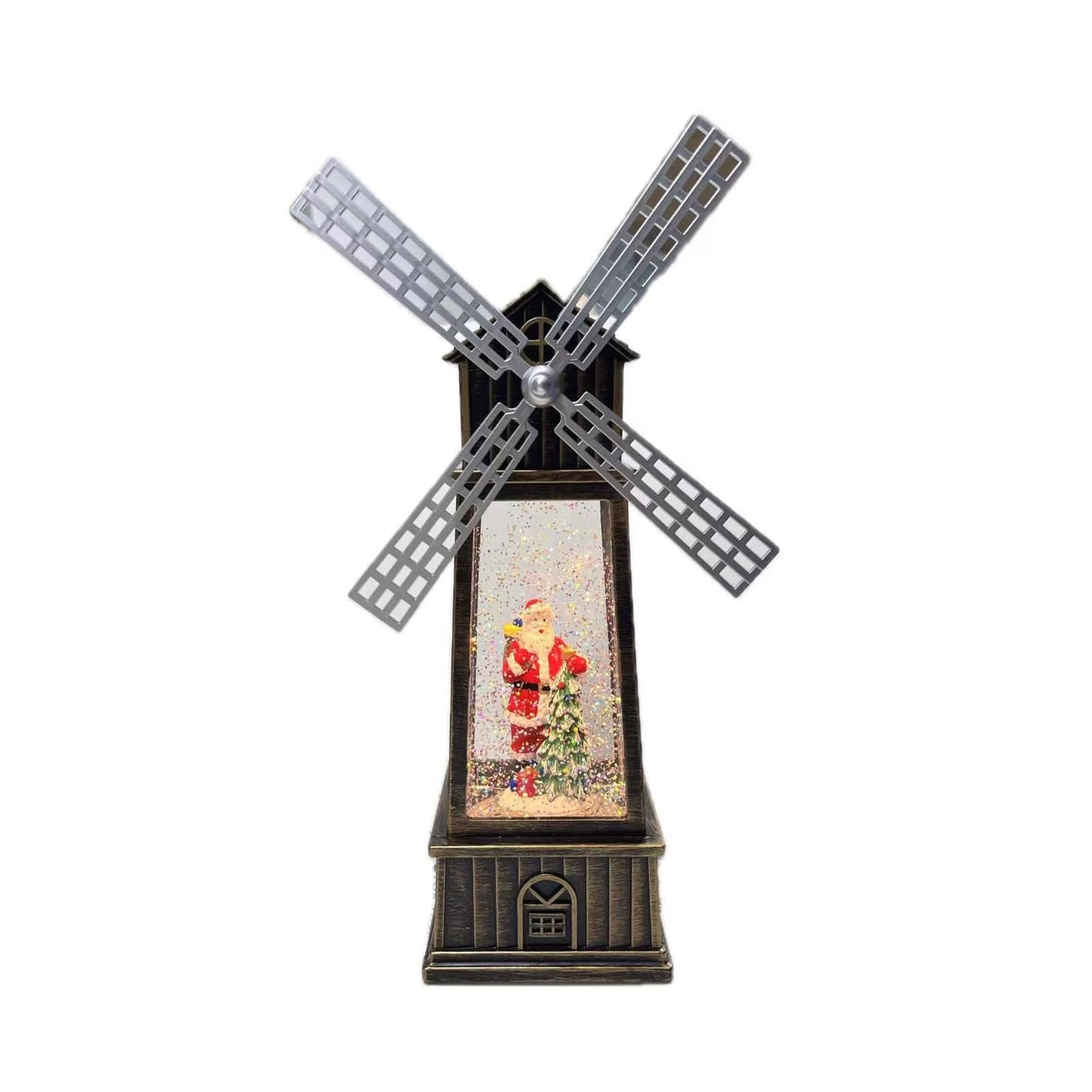 Decoratiune Craciun, Figurina Moara de Vant cu Mos Craciun, functie muzicala, zapada in miscare, cu baterii, Negru/Auriu, 3 Modele