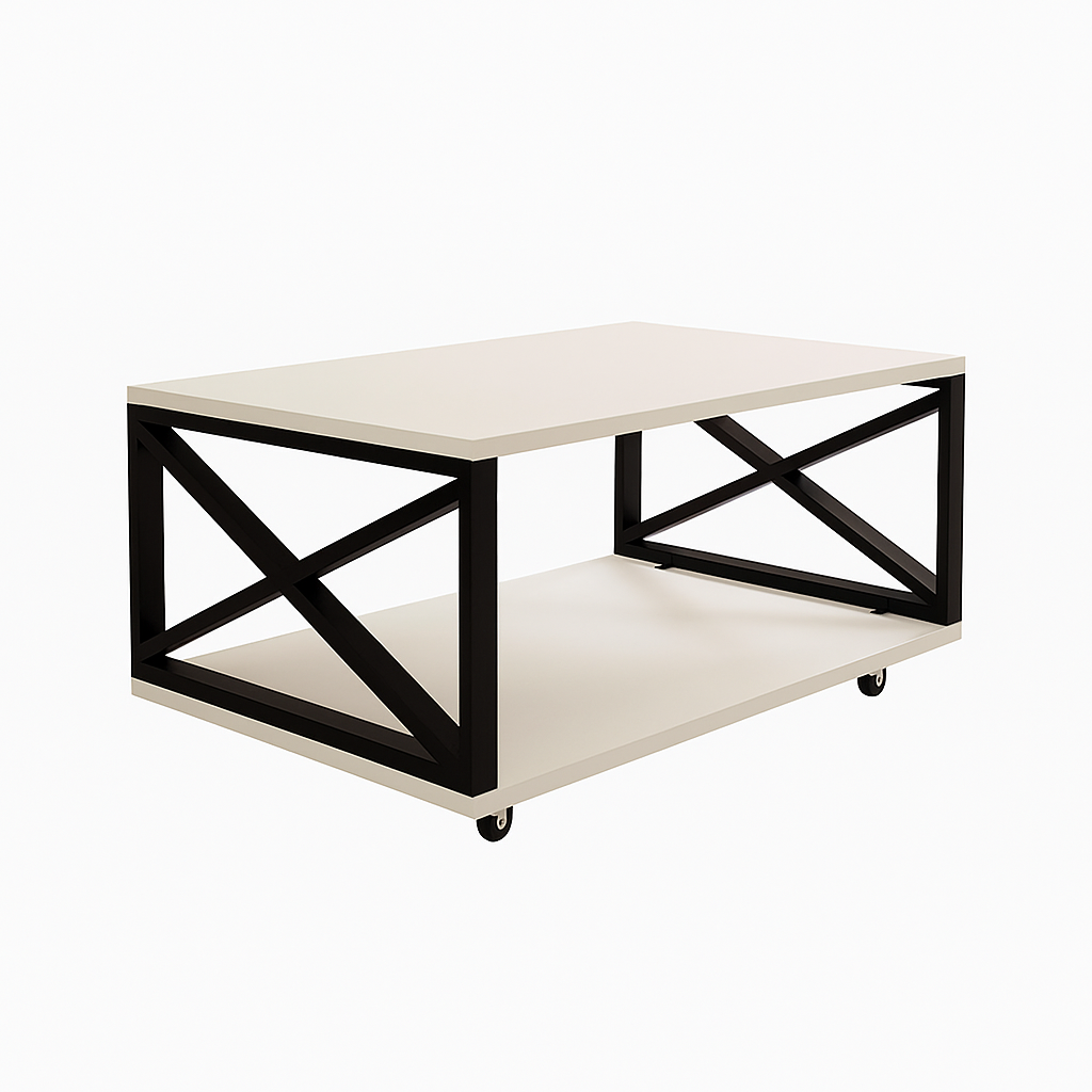 Masuta de cafea moderna, cu blat melaminat alb si cadru metalic, cu roti si spatiu de depozitare,  98 x 60 x 33.6 cm