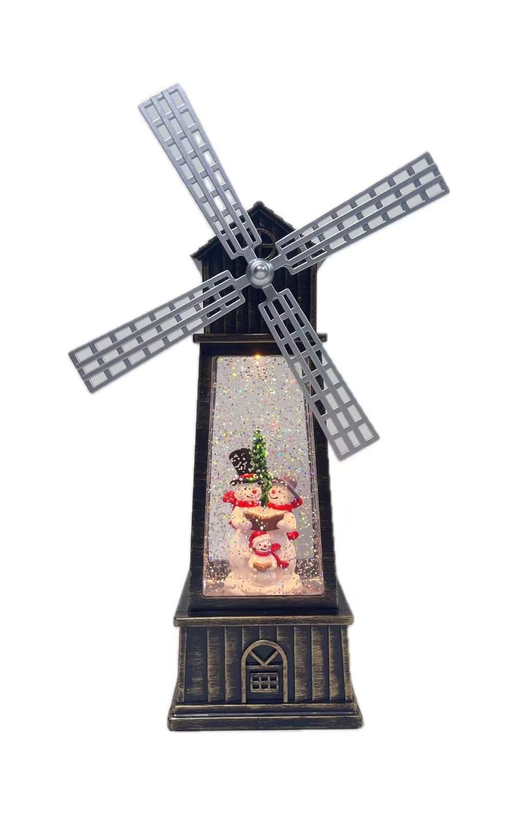 Decoratiune Craciun, Figurina Moara de Vant cu Mos Craciun, functie muzicala, zapada in miscare, cu baterii, Negru/Auriu, 3 Modele