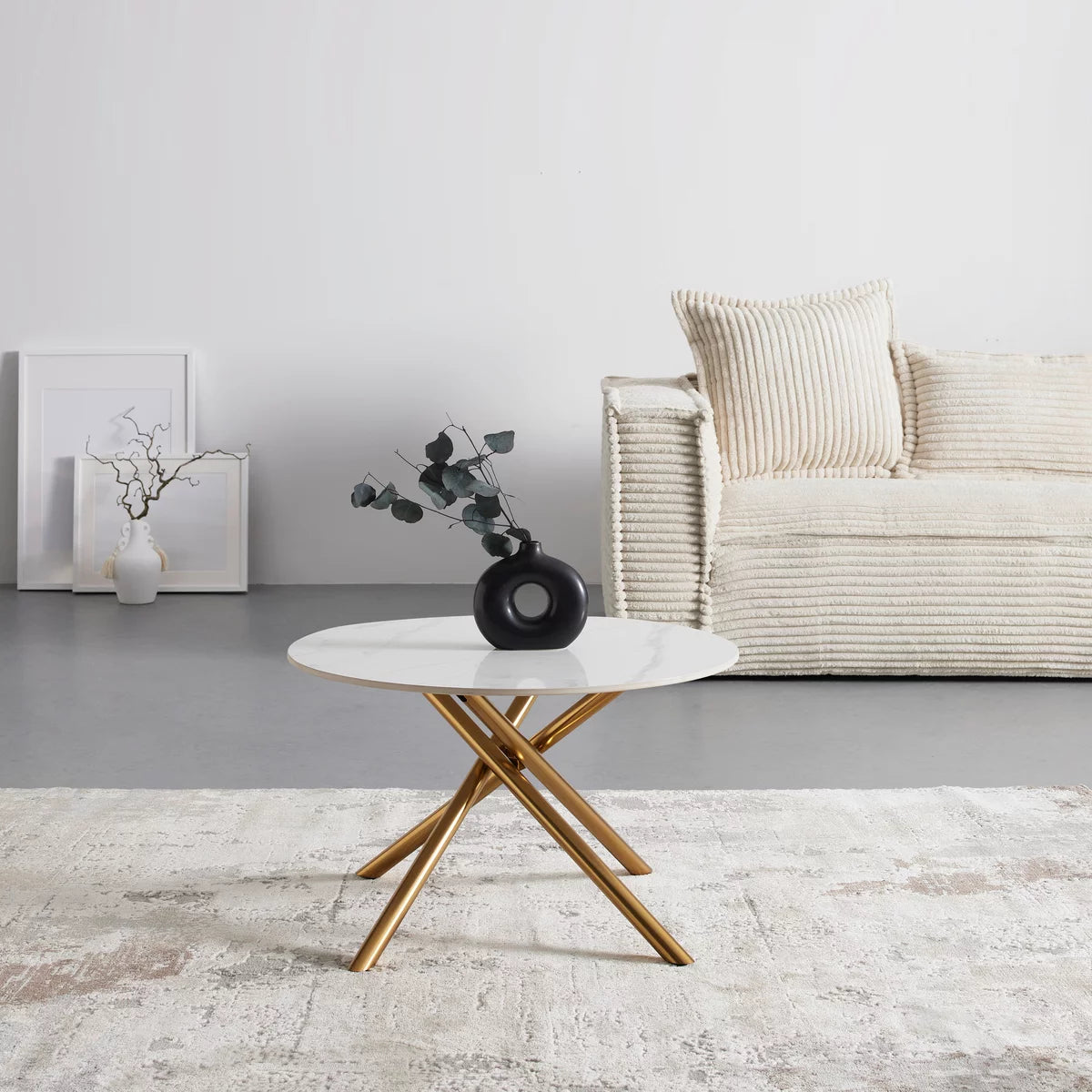 Masa de Cafea Rotunda 70x70x44 cm cu Blat Alb si Picioare Auriu – Design Modern Premium