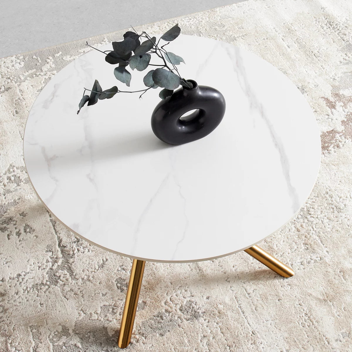 Masa de Cafea Rotunda 70x70x44 cm cu Blat Alb si Picioare Auriu – Design Modern Premium