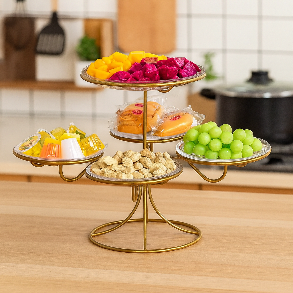 Etajera Eleganta din Sticla cu 5 Tavi pe Suport Auriu – Perfecta pentru Candy Bar, Petreceri sau Evenimente