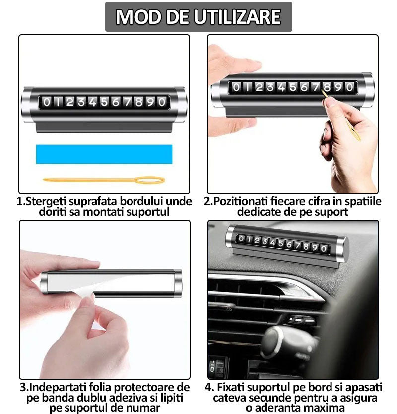 Suport numar de telefon pentru parcare auto, lipire cu banda dublu adeziva, ajustarea numerelor prin sistem de glisare