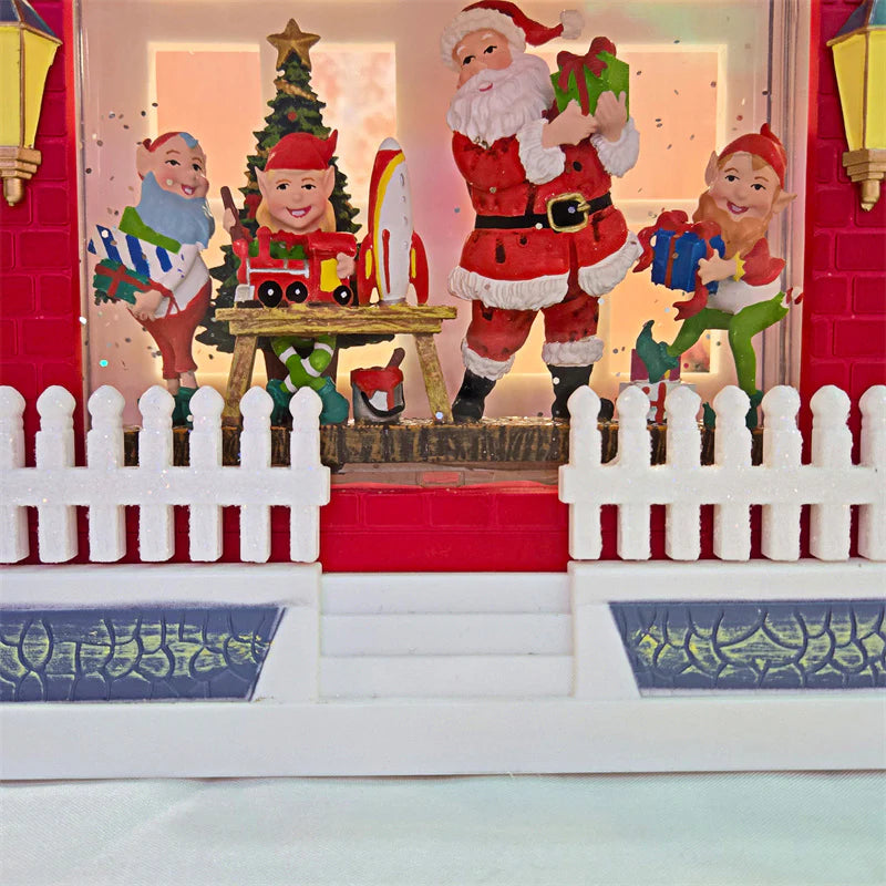 Decoratiune Craciun premium, scena Mos Craciun si spiridusi cu sclipici si muzica