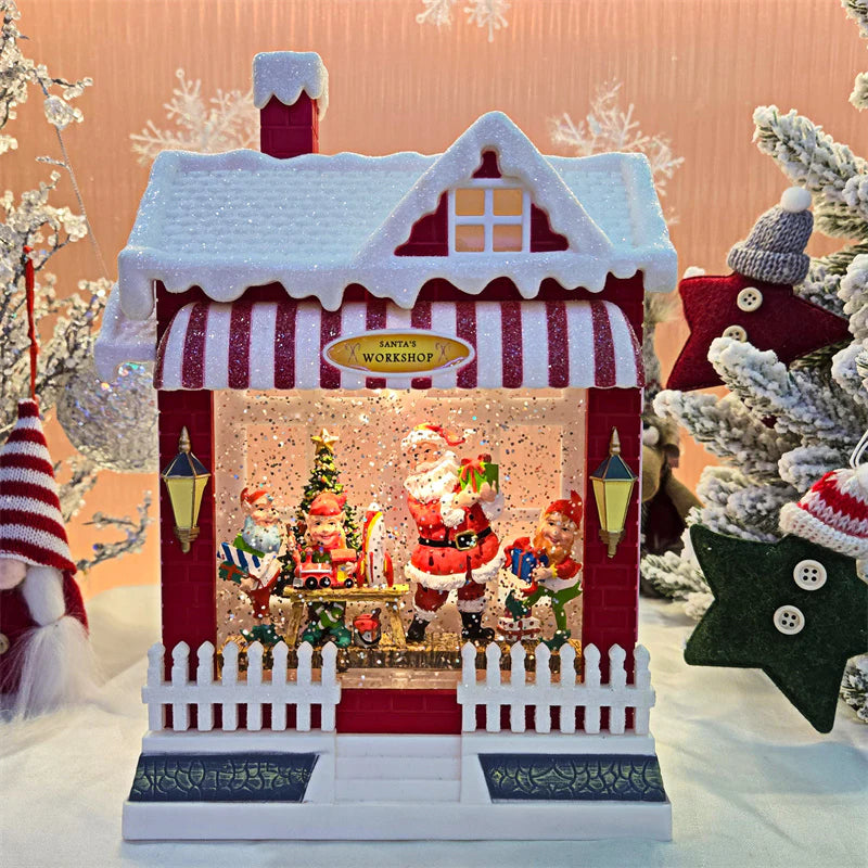 Decoratiune Craciun premium, scena Mos Craciun si spiridusi cu sclipici si muzica