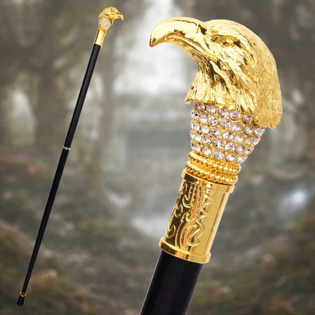 Baston de mers la moda cu cap de vultur alb auriu, 90 CM