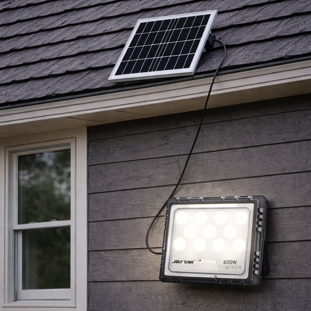Proiector solar LED Jortan 600/800/1000W cu panou solar, telecomanda, IP66, iluminare exterior
