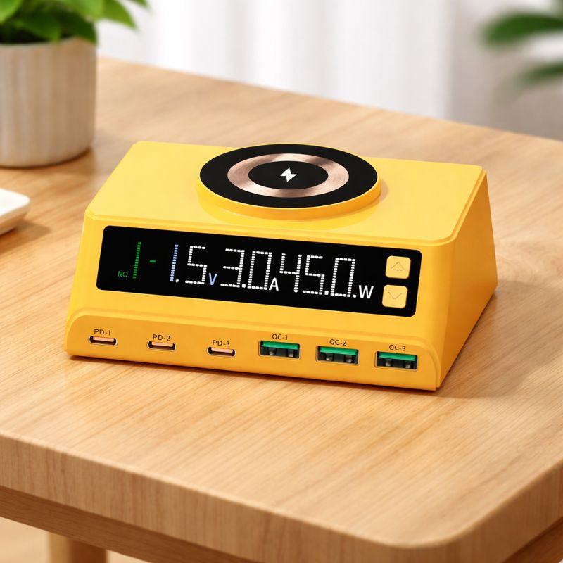 Statie de incarcare wireless M9A 110W cu 6 porturi USB si afisaj LED – Galben