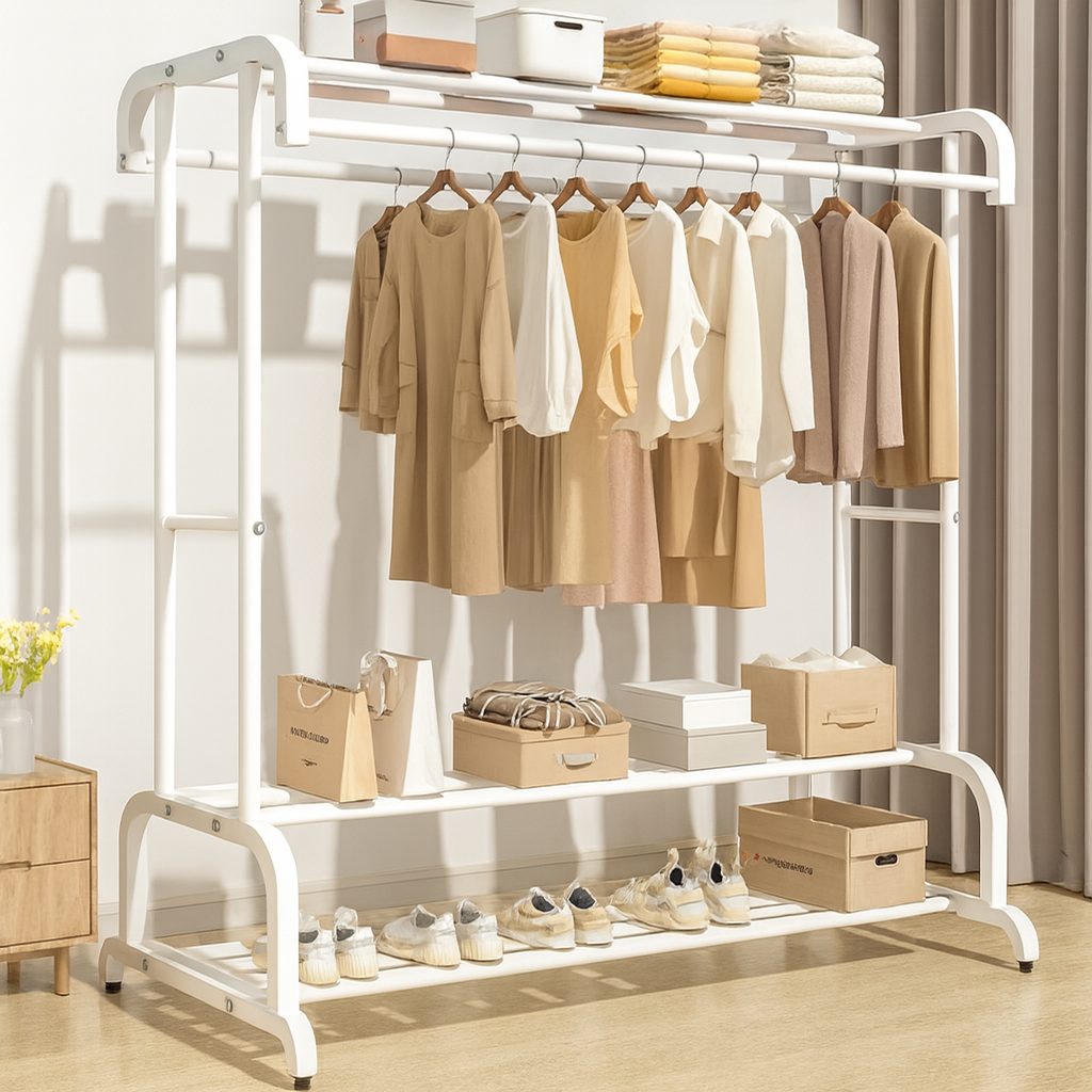 Suport dublu de umerase pentru haine, cu 2 suporti de pantofi, din metal, cu raft depozitare deasupra – 70KG greutate maxima, 150 x 110 x 50cm