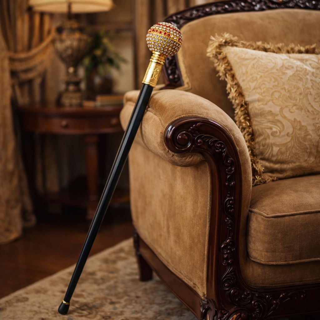 Baston de mers la moda elegant cu cap decorativ din cristale, design lux, negru cu auriu, 94 CM