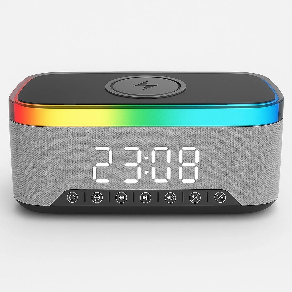 Ceas Digital 6in1 cu Incarcare Wireless 15W Boxa Bluetooth Lampa LED Radio FM - detaliu produs