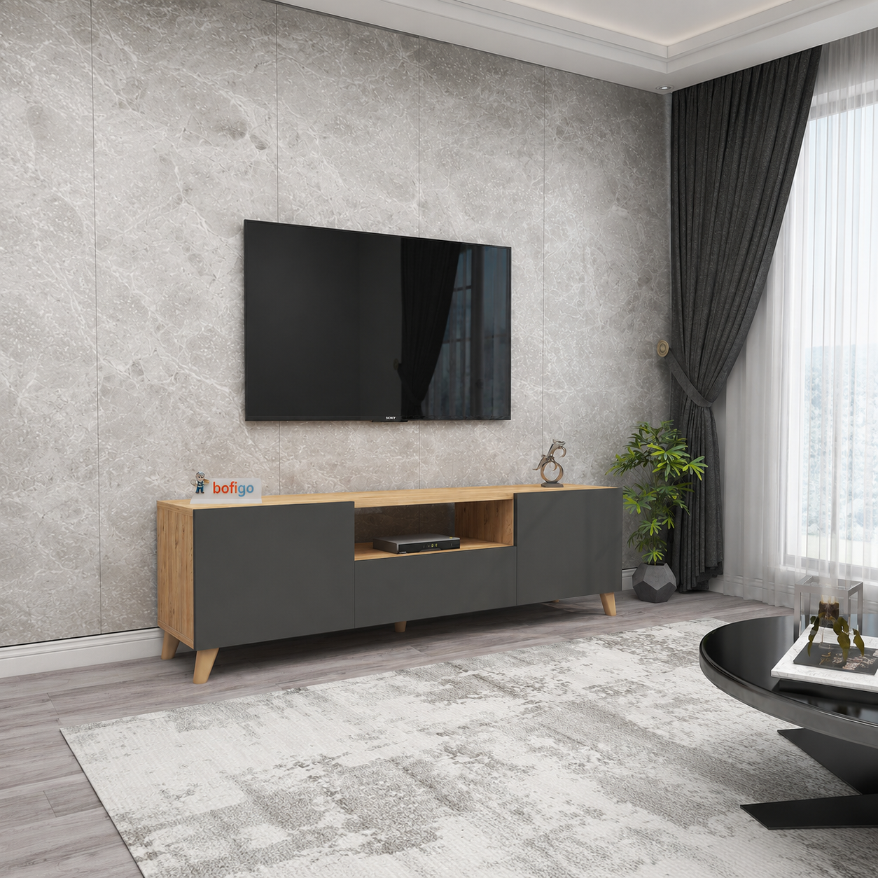 Comoda TV living 60 x 31,8 x 44,8 cm cm,  2 usi rabatabile soft-close, PAL melaminat 18 mm clasa E1, stil scandinav