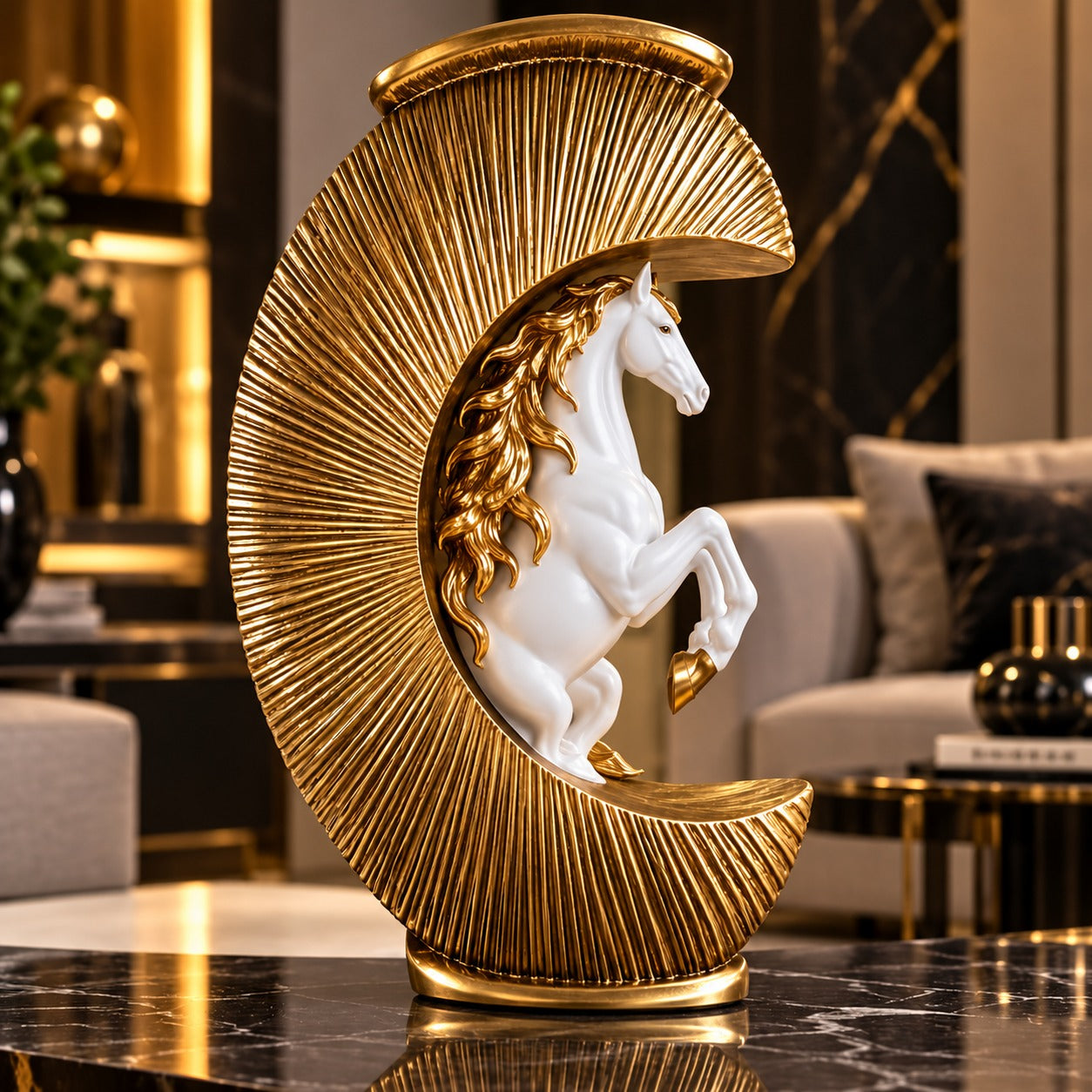 Statuetă Decorativă Premium cu Cal Alb în Semilună Aurie, din Rășină Finisată – 24 × 18 cm - detaliu produs