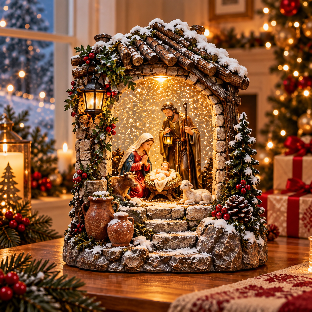 Decorațiune de Crăciun Premium cu Nașterea Domnului, Iluminare Caldă și Efect de Ninsoare în Mișcare – 19,5 × 11,5 × 25 cm - detaliu produs