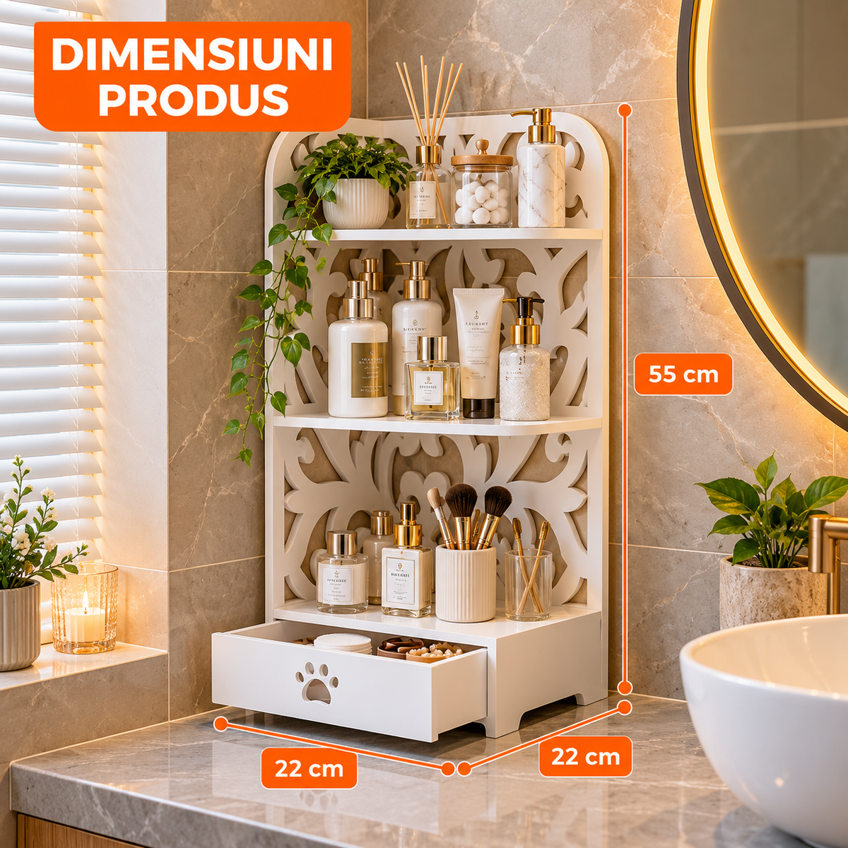 Organizator Multifuncțional din PVC pentru Baie și Cosmetice, cu 3 Rafturi și Sertar – Etajeră de Depozitare, Alb, 22 x 22 x 55 cm - detaliu produs