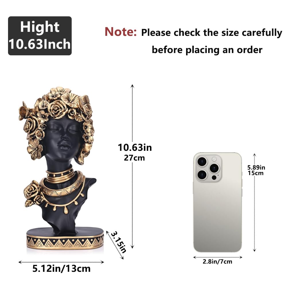 Statueta Africana Bust Negru Auriu Decorativ Raze Flori Trandafiri Luxury 35cm - detaliu produs