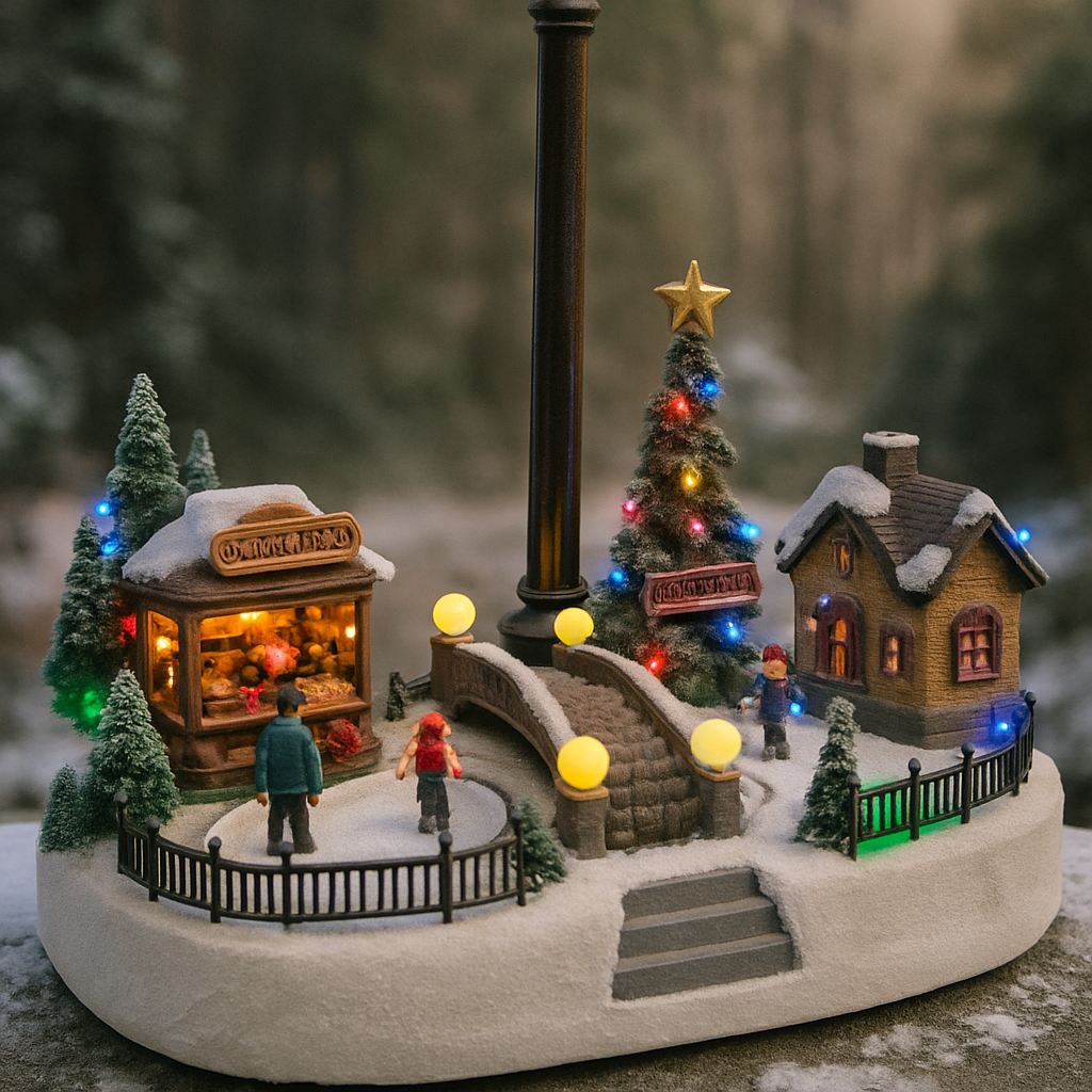 Decoratiune Muzicala de Craciun cu Luminare LED –Model Sat de Iarna cu Pod, Casute si Stand Mos Craciun
