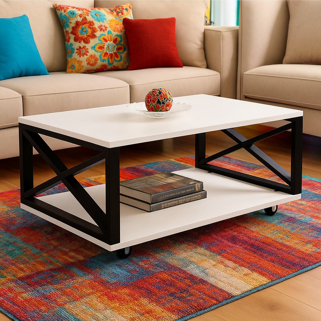 Masuta de cafea moderna, cu blat melaminat alb si cadru metalic, cu roti si spatiu de depozitare,  98 x 60 x 33.6 cm