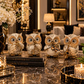 Set 4 Figurine Decorative Bufnițe Muzicale – Design Elegant Alb-Crem cu Accente Aurii