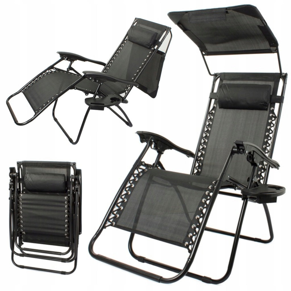 Scaun sezlong rabatabil cu parasolar 122x64x97 cm – pernuta, suport bautura, textilena rezistenta