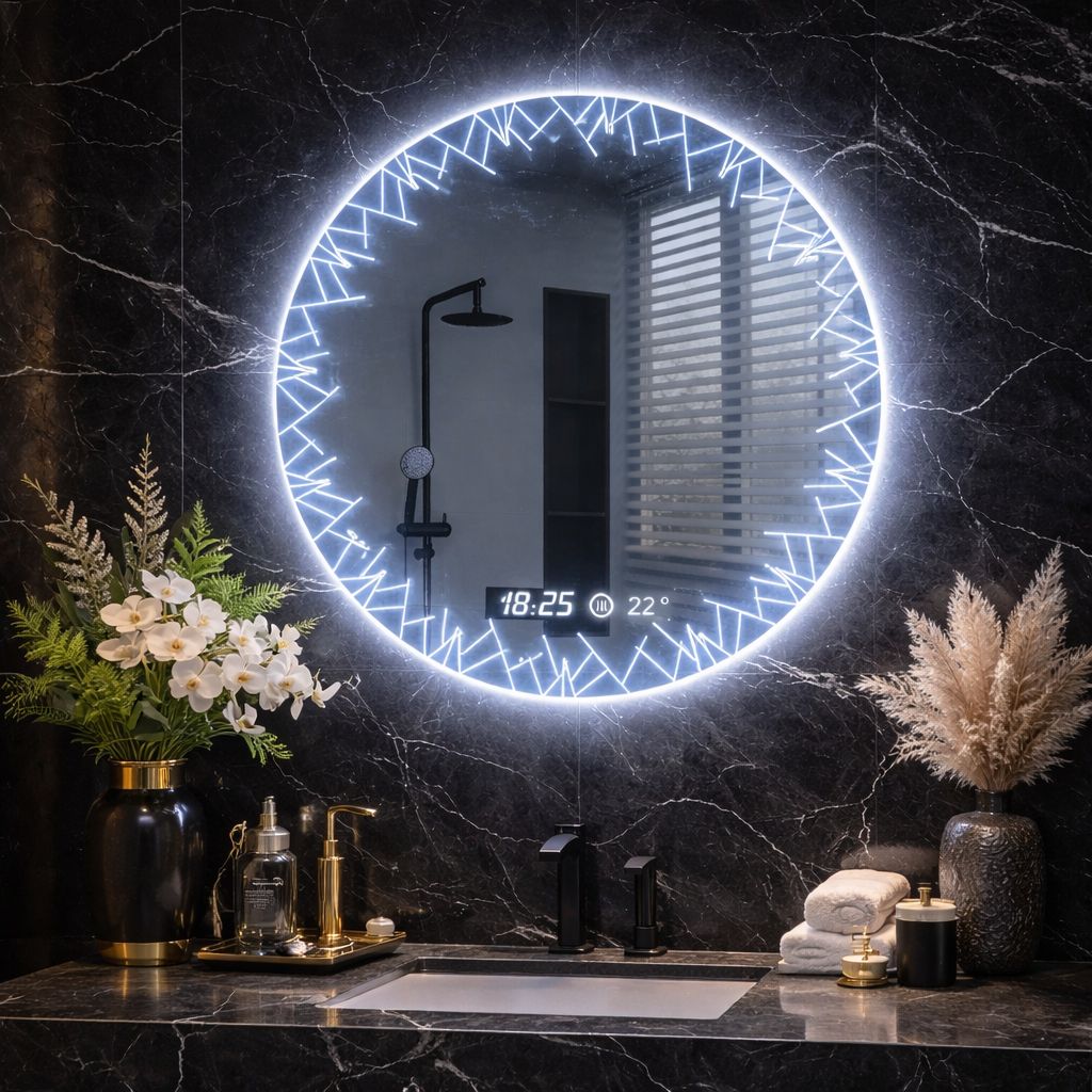 Oglinda LED baie cu dezaburire, ceas si termometru, 80cm