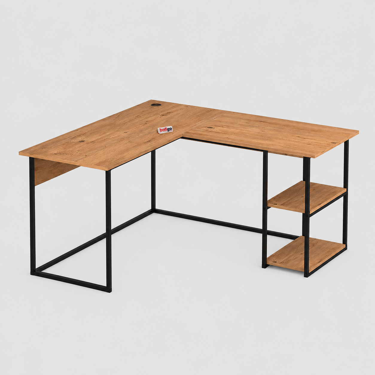 Birou de colt in forma L 140x147,8x73,8 cm, cu rafturi integrate si cadru metalic, pentru home office sau birou