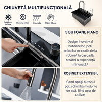 Set Chiuveta Bucatarie cu Afisaj LED Baterie Dus Extractibil 2 Cascade Otel Inoxidabil 750x450mm, Argintiu - imagine 11