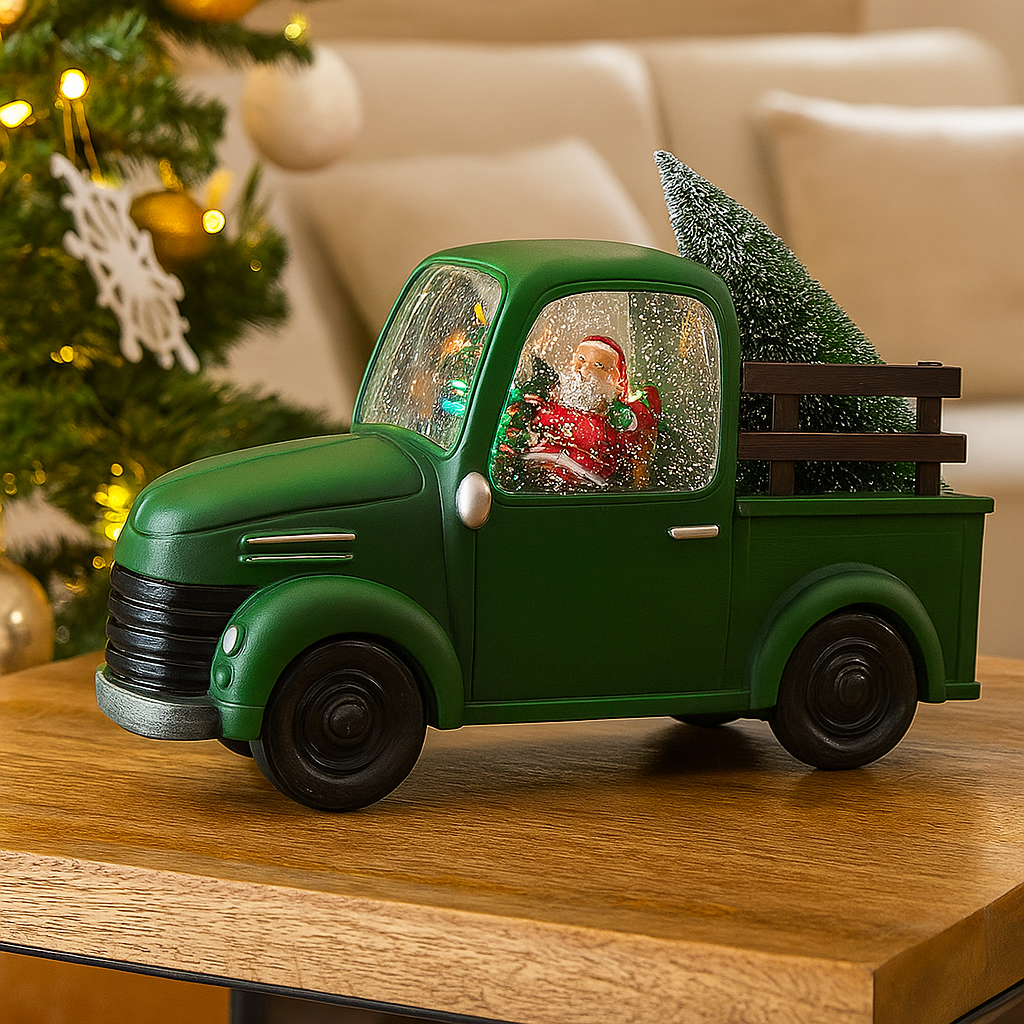 Decoratiune Craciun, Tip Masina, Figurine Mos Craciun cu Bradul, 3 Moduri, Functie Muzicala, Zapada in Miscare 24 x 10 x 19 cm, Alb Cald