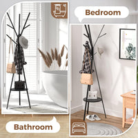 Cuier haine cu suport din lemn pentru accesorii, 9 carlige, otel carbon, 180 x 45 cm, negru - imagine 6