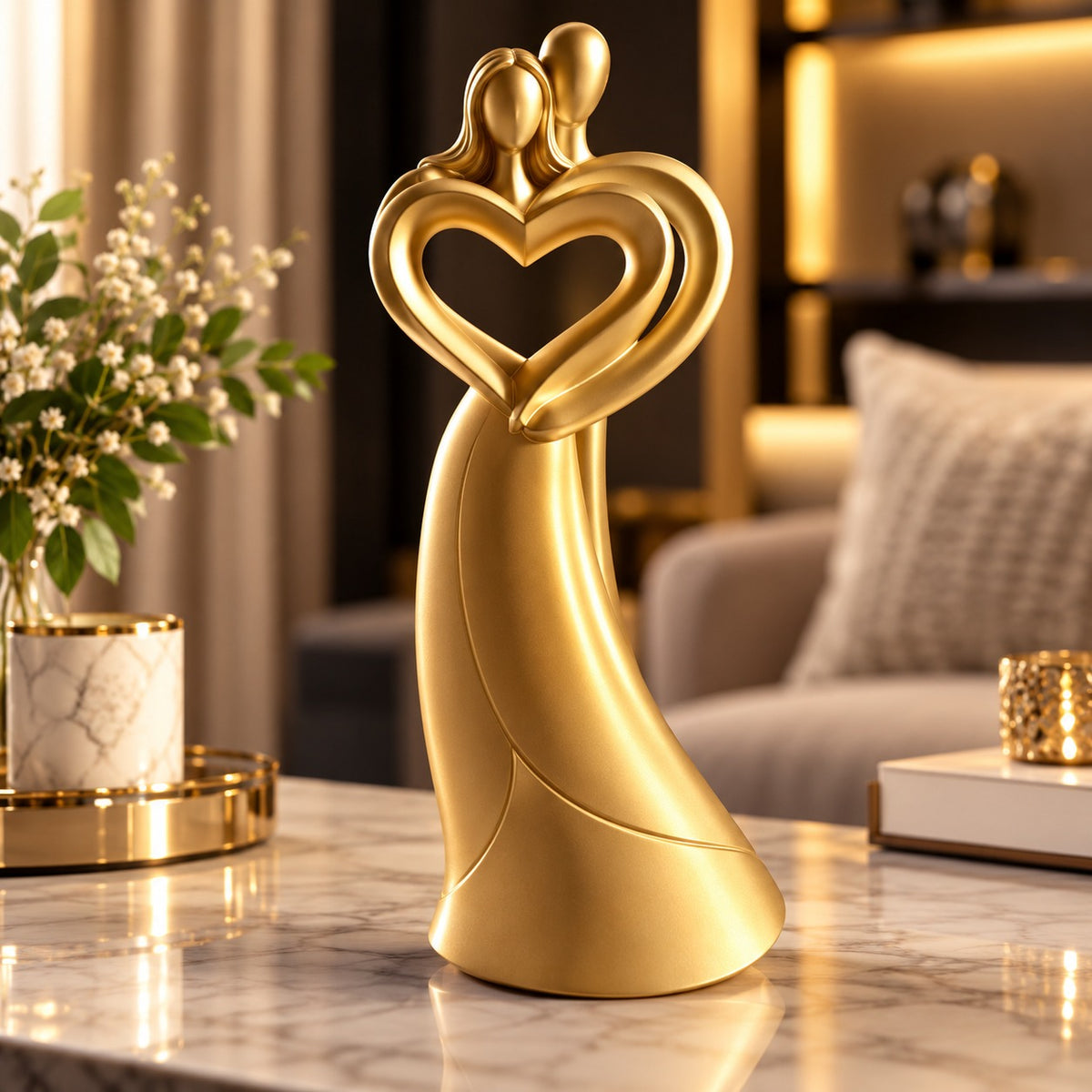 Statuetă Decorativă Cuplu cu Inimă, Rășină Finisată – 14 × 6 × 5,5 cm - detaliu produs