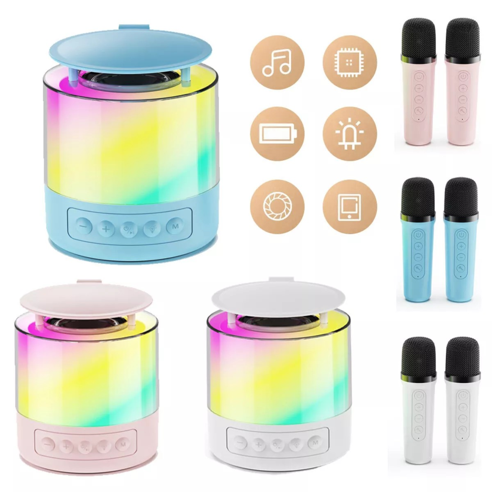 Boxa cu 2 Microfoane, Portabila, cu jocuri de lumini,RGB, rotunda, karaoke Smart copii, difuzor Wireless,