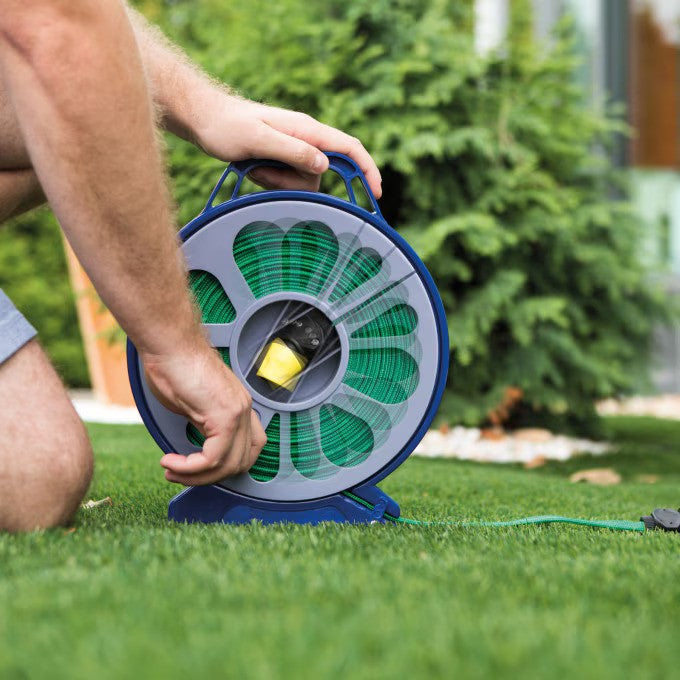 Set pentru stropit, furtun textil flexibil 15m cu tambur, pistol de pulverizat 7 in 1