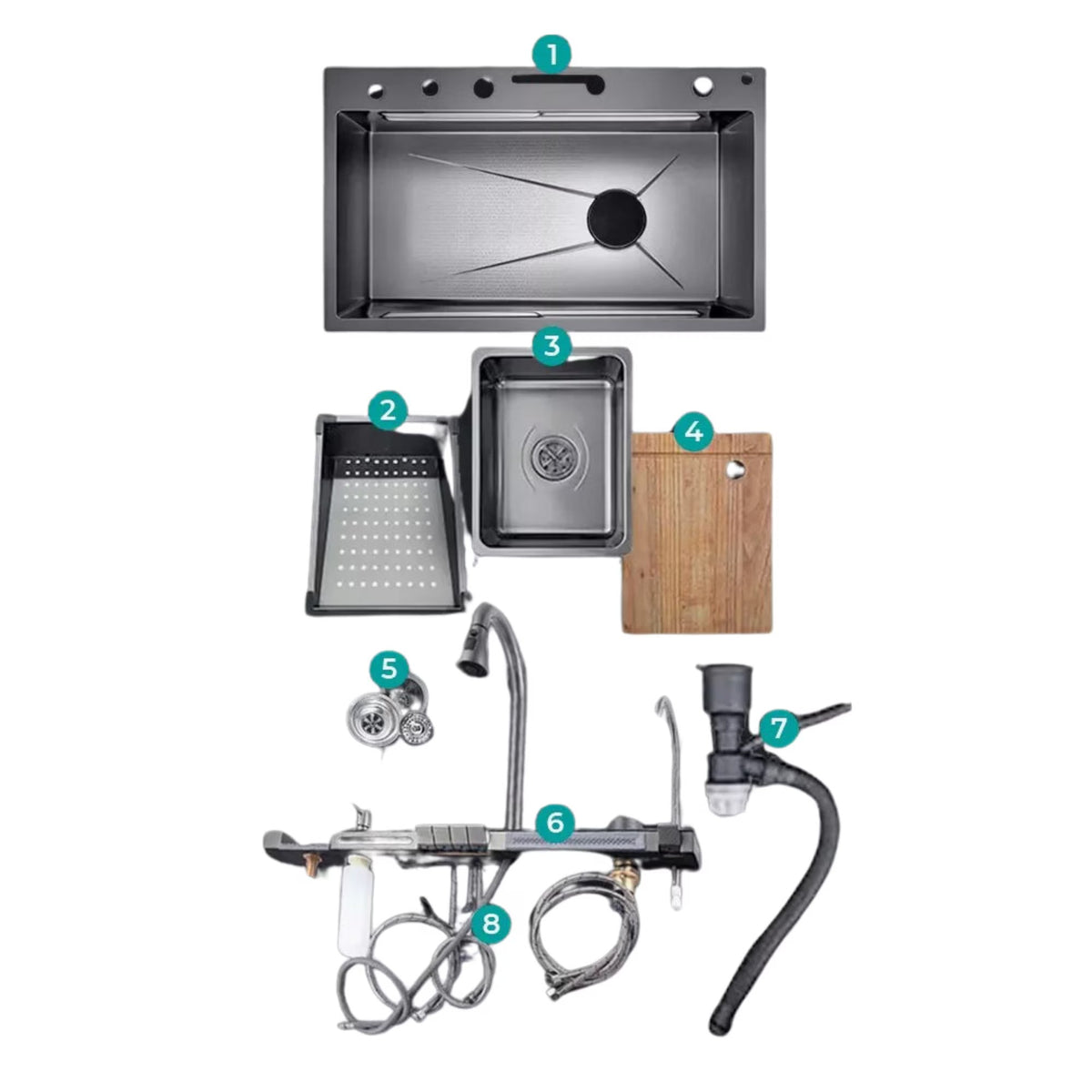 Chiuveta Bucatarie Multifunctionala Negru Grafit cu 2 Cascade, Robinet Cascada, Afisaj Digital Temperatura, Accesorii Incluse